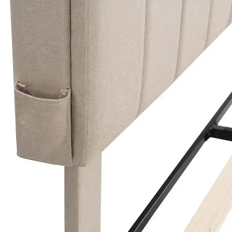 Struttura letto moderna con stazione di ricarica e testiera imbottita in lino, nessun box spring necessario, struttura letto a piattaforma