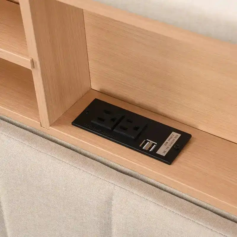 Struttura letto moderna con stazione di ricarica e testiera imbottita in lino, nessun box spring necessario, struttura letto a piattaforma