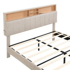 Struttura letto moderna con stazione di ricarica e testiera imbottita in lino, nessun box spring necessario, struttura letto a piattaforma
