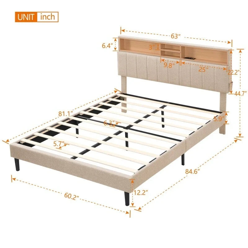 Struttura letto moderna con stazione di ricarica e testiera imbottita in lino, nessun box spring necessario, struttura letto a piattaforma