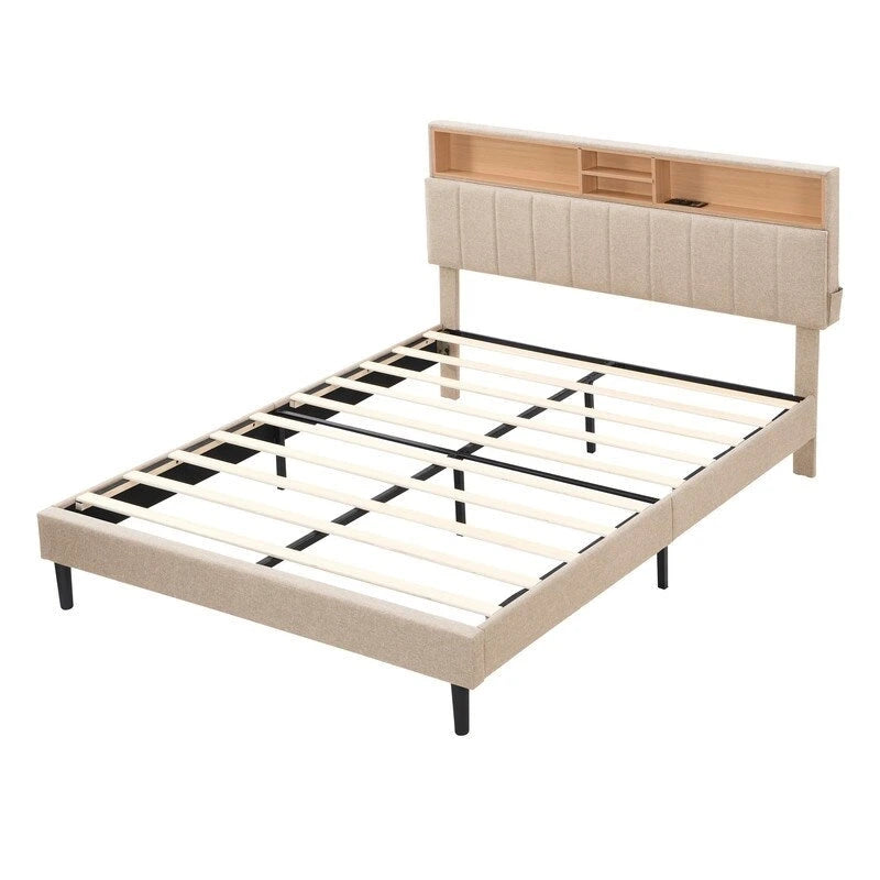 Struttura letto moderna con stazione di ricarica e testiera imbottita in lino, nessun box spring necessario, struttura letto a piattaforma
