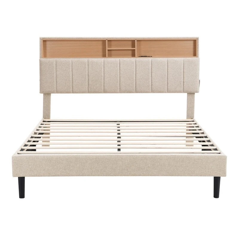 Struttura letto moderna con stazione di ricarica e testiera imbottita in lino, nessun box spring necessario, struttura letto a piattaforma