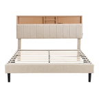 Struttura letto moderna con stazione di ricarica e testiera imbottita in lino, nessun box spring necessario, struttura letto a piattaforma