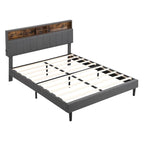 Struttura letto moderna con stazione di ricarica e testiera imbottita in lino, nessun box spring necessario, struttura letto a piattaforma