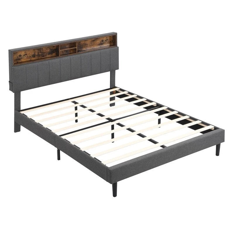 Struttura letto moderna con stazione di ricarica e testiera imbottita in lino, nessun box spring necessario, struttura letto a piattaforma