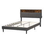 Struttura letto moderna con stazione di ricarica e testiera imbottita in lino, nessun box spring necessario, struttura letto a piattaforma