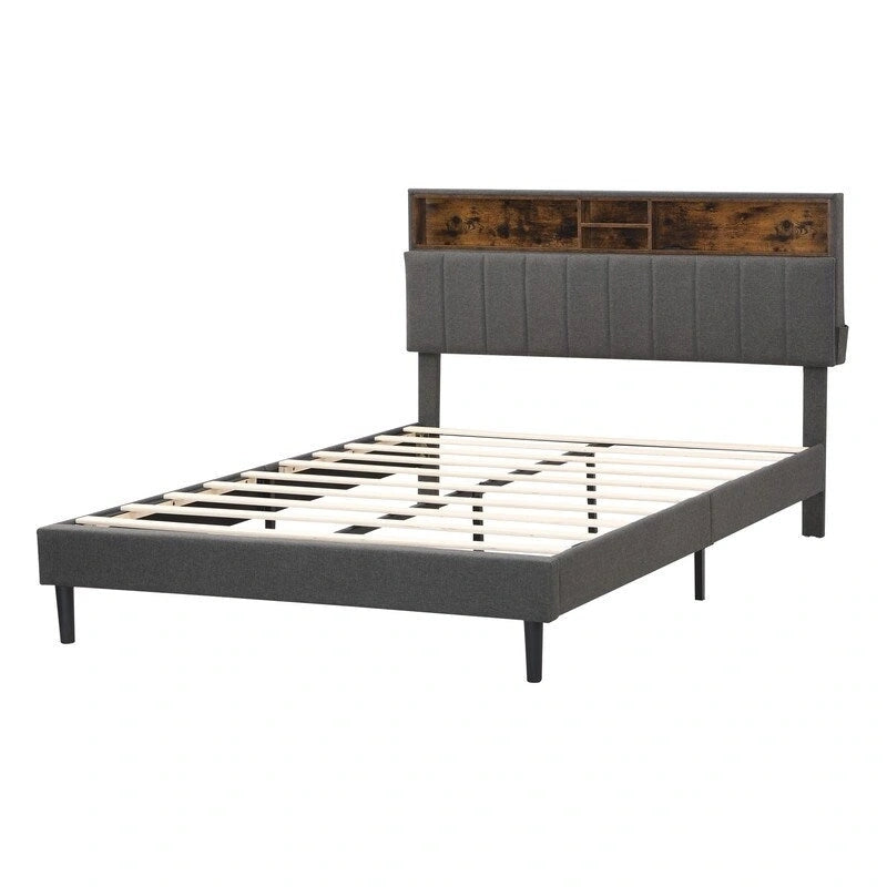 Struttura letto moderna con stazione di ricarica e testiera imbottita in lino, nessun box spring necessario, struttura letto a piattaforma