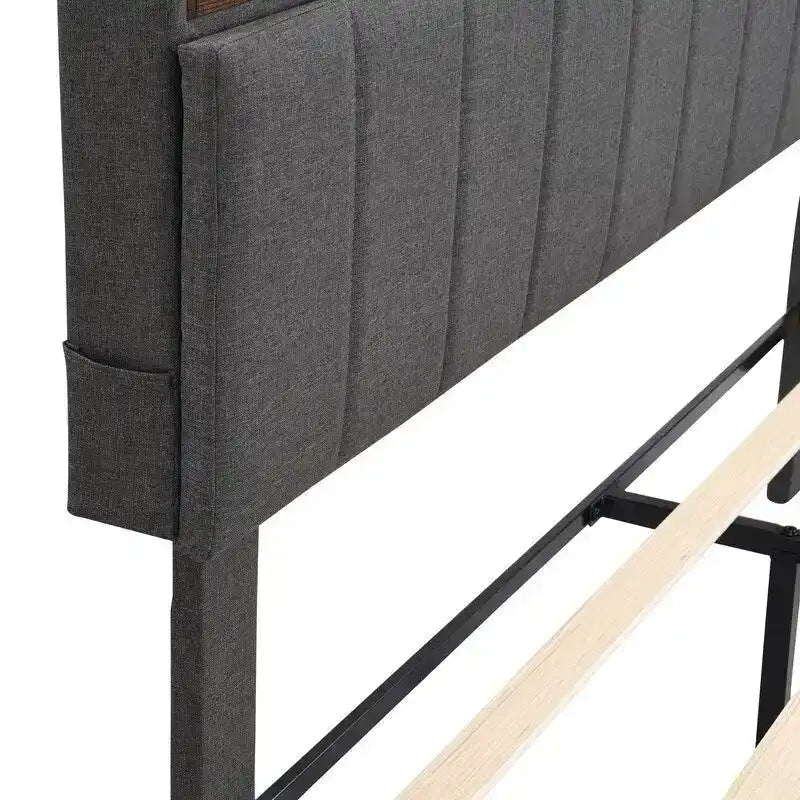 Struttura letto moderna con stazione di ricarica e testiera imbottita in lino, nessun box spring necessario, struttura letto a piattaforma