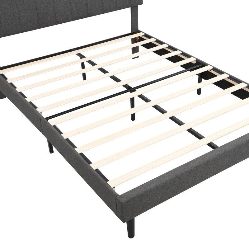Struttura letto moderna con stazione di ricarica e testiera imbottita in lino, nessun box spring necessario, struttura letto a piattaforma