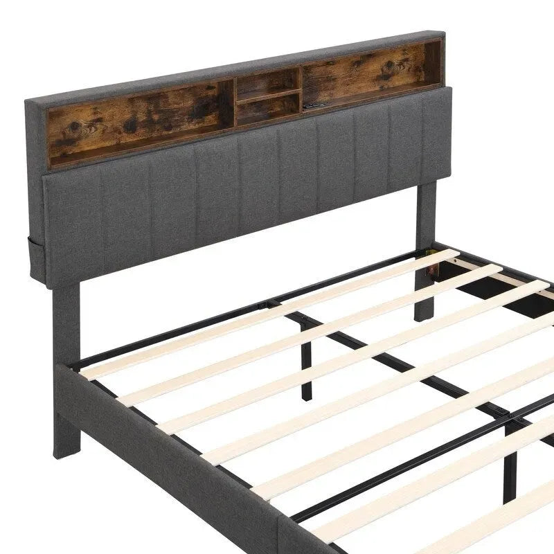 Struttura letto moderna con stazione di ricarica e testiera imbottita in lino, nessun box spring necessario, struttura letto a piattaforma