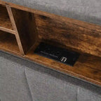 Struttura letto moderna con stazione di ricarica e testiera imbottita in lino, nessun box spring necessario, struttura letto a piattaforma