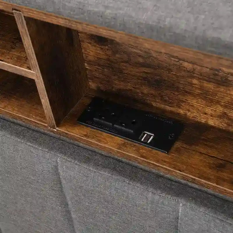 Struttura letto moderna con stazione di ricarica e testiera imbottita in lino, nessun box spring necessario, struttura letto a piattaforma