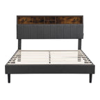 Struttura letto moderna con stazione di ricarica e testiera imbottita in lino, nessun box spring necessario, struttura letto a piattaforma