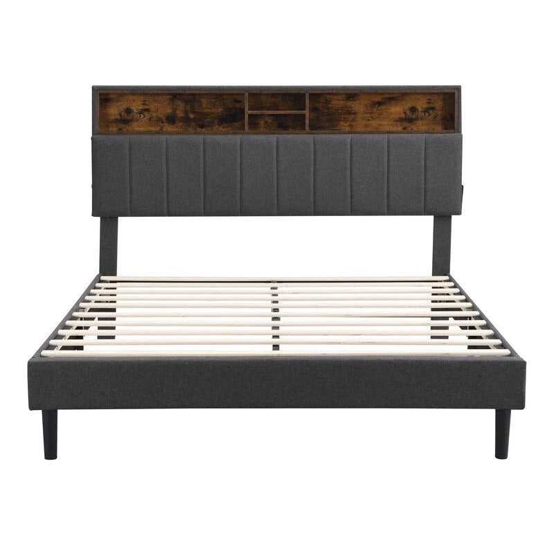 Struttura letto moderna con stazione di ricarica e testiera imbottita in lino, nessun box spring necessario, struttura letto a piattaforma