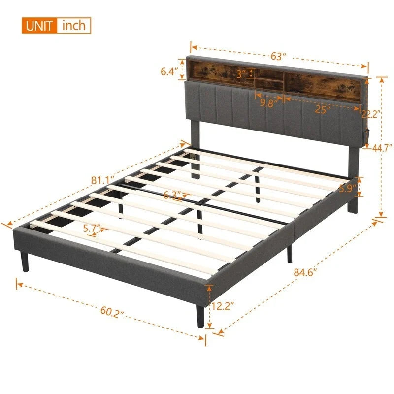 Struttura letto moderna con stazione di ricarica e testiera imbottita in lino, nessun box spring necessario, struttura letto a piattaforma