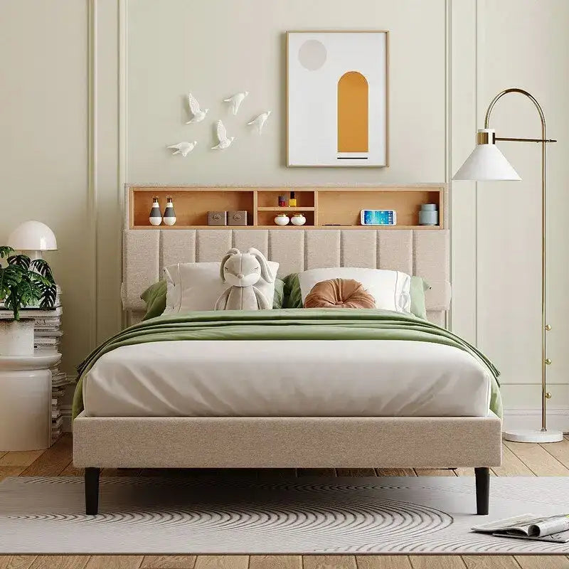 Struttura letto moderna con stazione di ricarica e testiera imbottita in lino, nessun box spring necessario, struttura letto a piattaforma