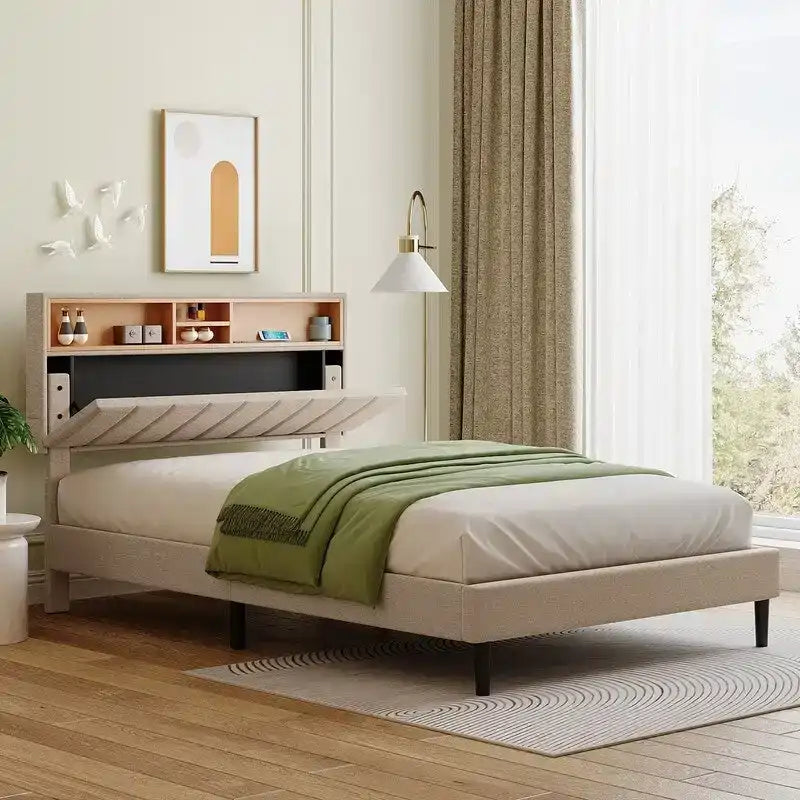 Struttura letto moderna con stazione di ricarica e testiera imbottita in lino, nessun box spring necessario, struttura letto a piattaforma