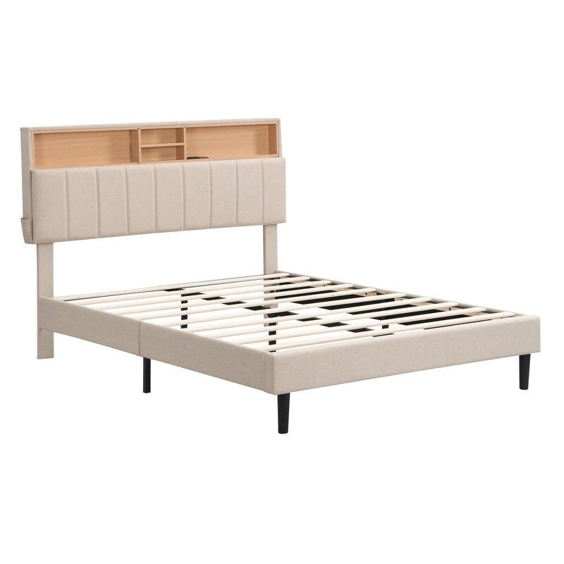 Struttura letto moderna con stazione di ricarica e testiera imbottita in lino, nessun box spring necessario, struttura letto a piattaforma