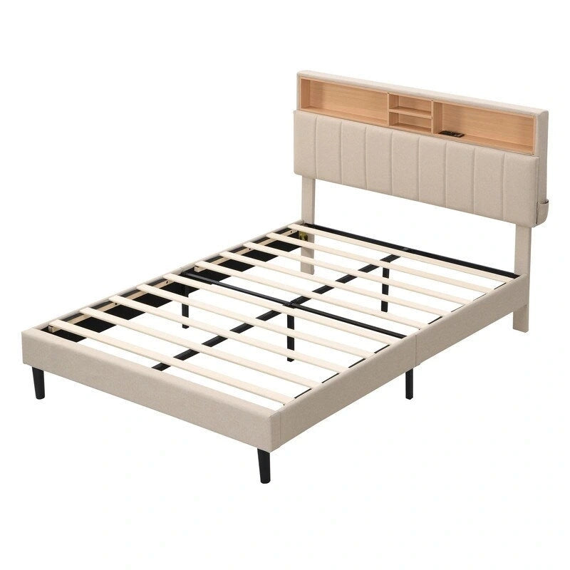 Struttura letto moderna con stazione di ricarica e testiera imbottita in lino, nessun box spring necessario, struttura letto a piattaforma