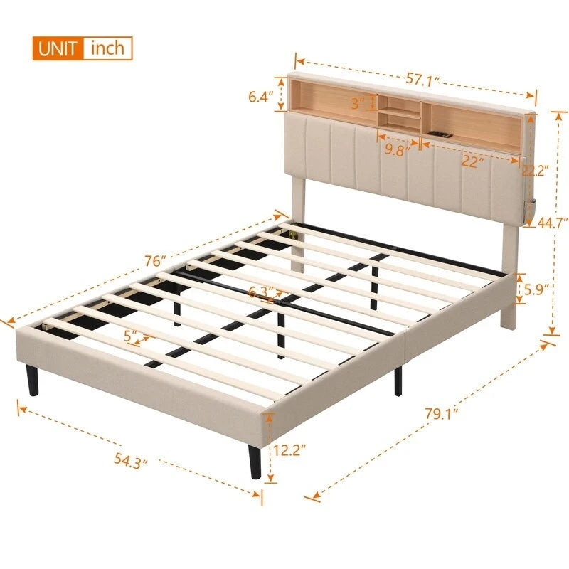 Struttura letto moderna con stazione di ricarica e testiera imbottita in lino, nessun box spring necessario, struttura letto a piattaforma