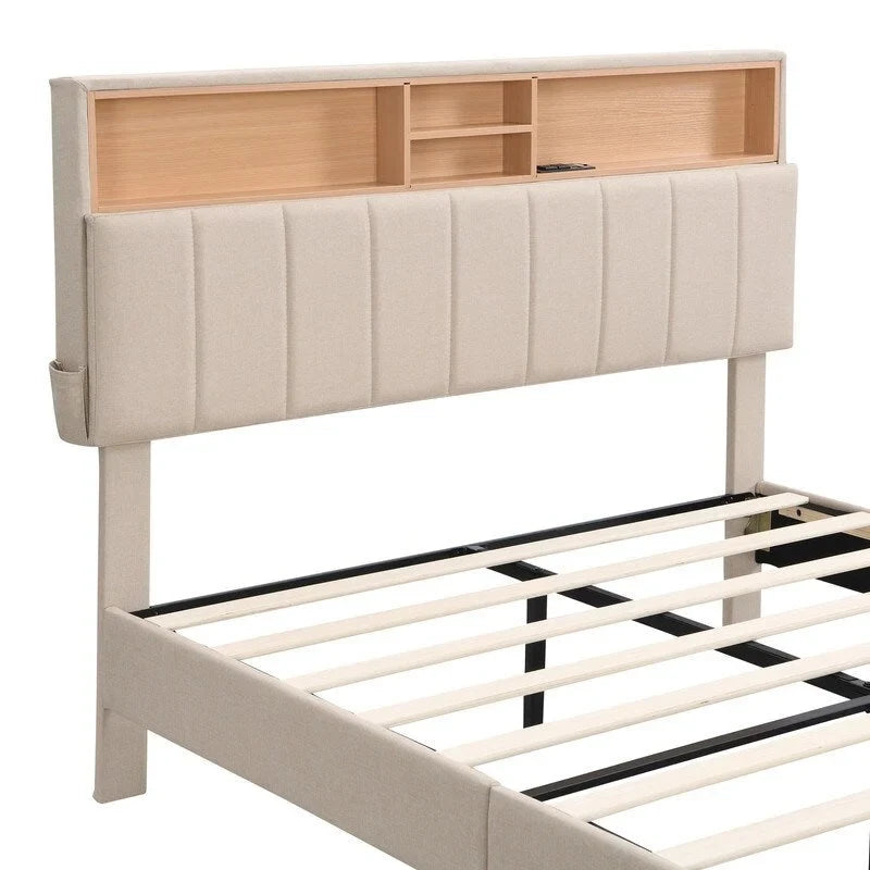 Struttura letto moderna con stazione di ricarica e testiera imbottita in lino, nessun box spring necessario, struttura letto a piattaforma