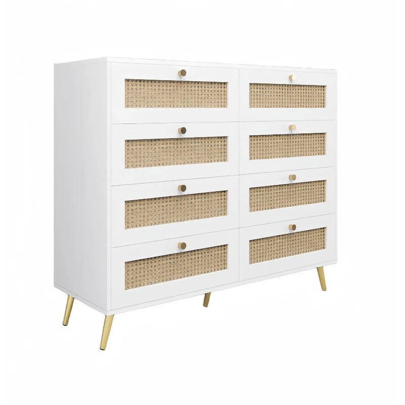 Cassettiera bianca a 8 cassetti con frontali in rattan, gambe e maniglie dorate