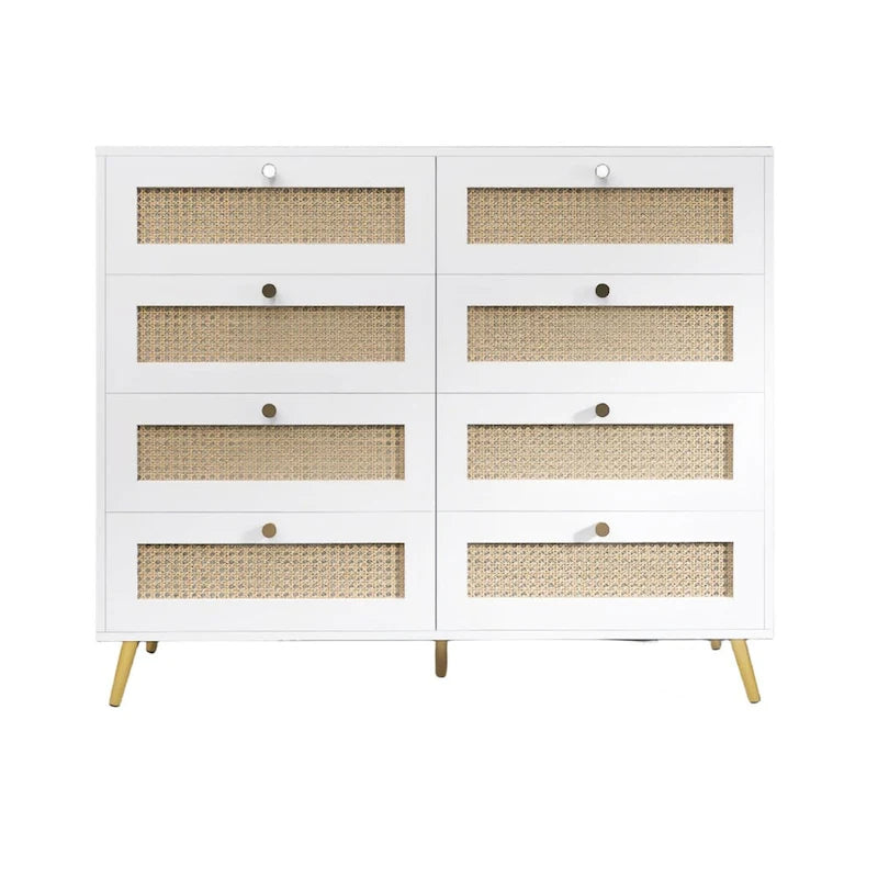 Cassettiera bianca a 8 cassetti con frontali in rattan, gambe e maniglie dorate