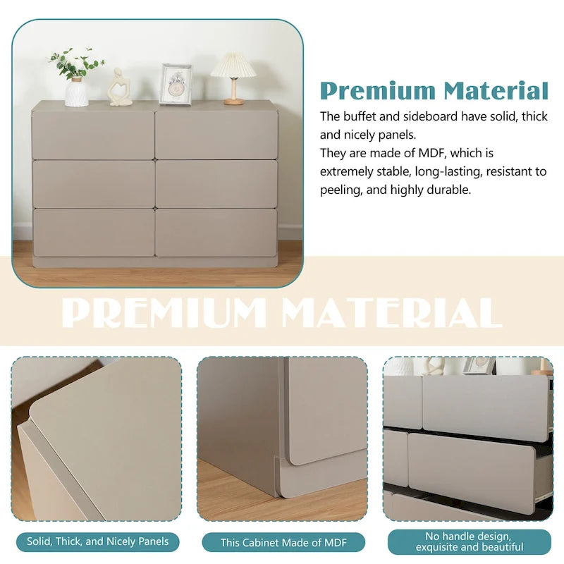 Cassettiera a 6 cassetti larga 119 cm, Credenza mobile contenitore, Consolle, Mobiletti contenitore senza maniglie