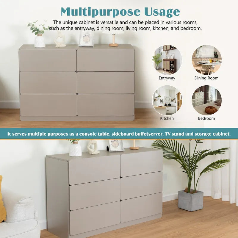 Cassettiera a 6 cassetti larga 119 cm, Credenza mobile contenitore, Consolle, Mobiletti contenitore senza maniglie