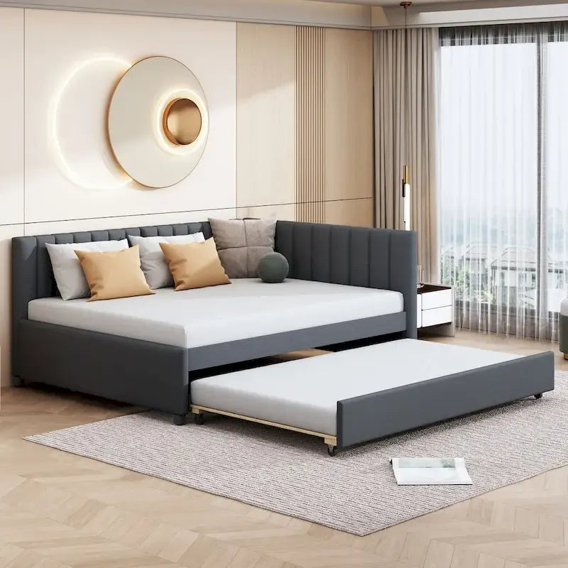 Letto a giorno imbottito Full Size con letto estraibile, struttura divano letto, nessuna rete a molle richiesta