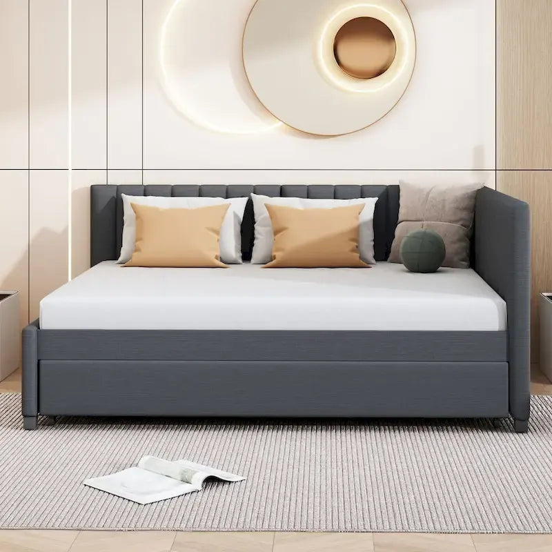 Letto a giorno imbottito Full Size con letto estraibile, struttura divano letto, nessuna rete a molle richiesta