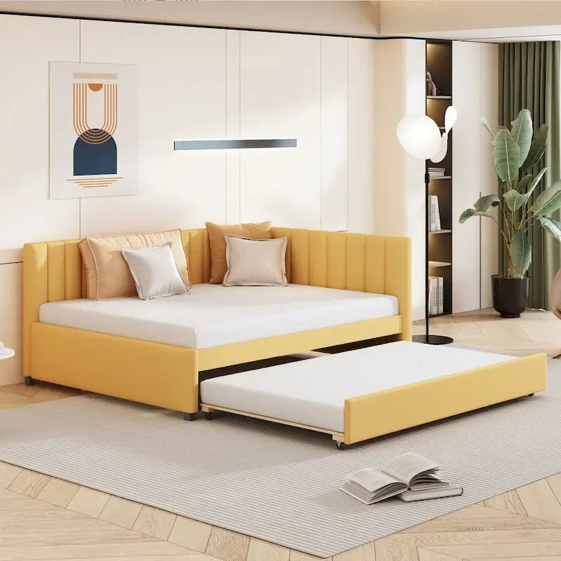 Letto a giorno imbottito Full Size con letto estraibile, struttura divano letto, nessuna rete a molle richiesta