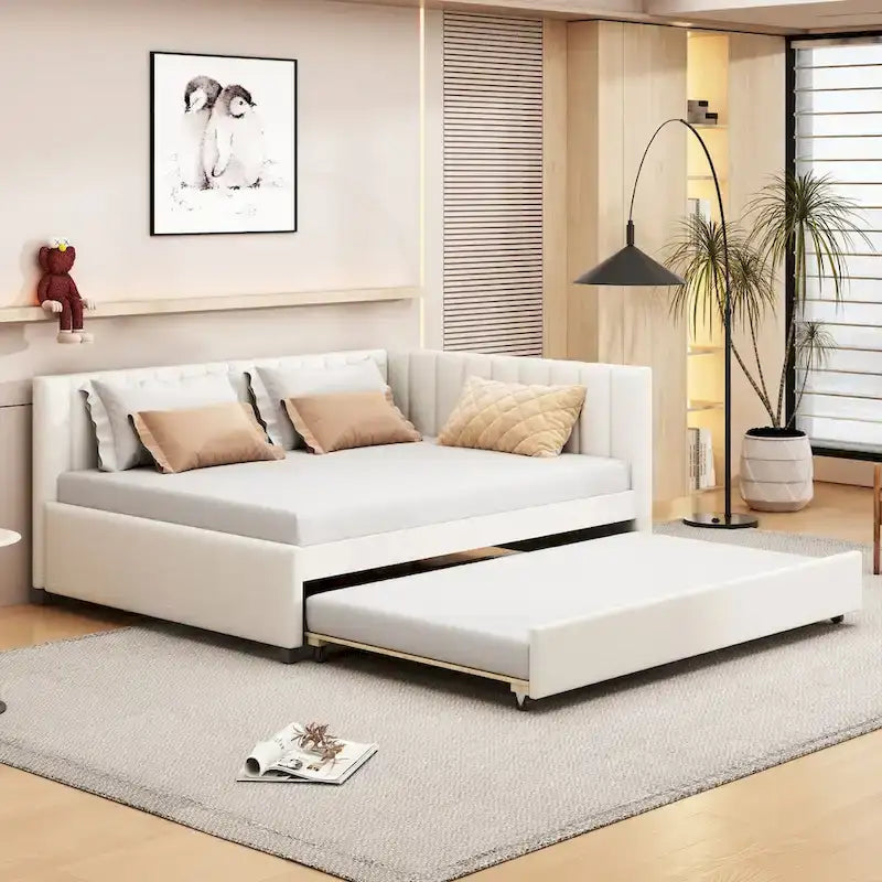 Letto a giorno imbottito Full Size con letto estraibile, struttura divano letto, nessuna rete a molle richiesta