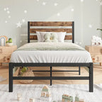 Platform Bed Frame with Rustic Vintage Wood Headboard