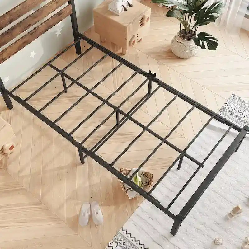Platform Bed Frame with Rustic Vintage Wood Headboard