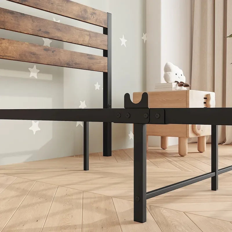Platform Bed Frame with Rustic Vintage Wood Headboard