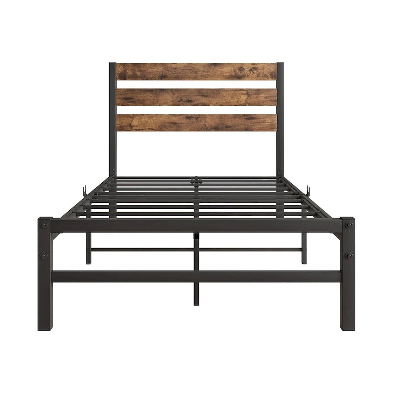 Platform Bed Frame with Rustic Vintage Wood Headboard