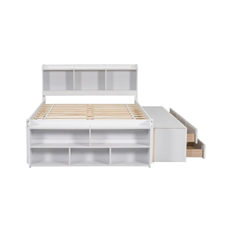 Letto matrimoniale con testiera a libreria, cassetti portaoggetti sotto il letto e contenitore a fine letto