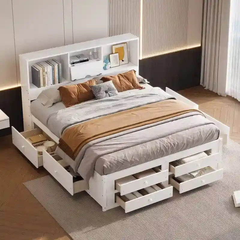 Letto a piattaforma King Size con libreria portaoggetti e 8 cassetti