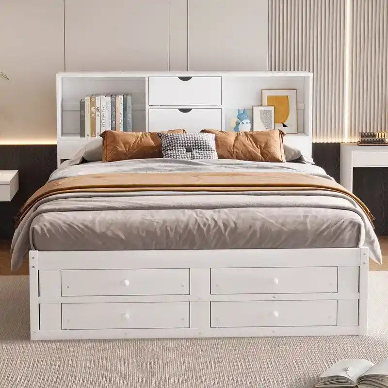 Letto a piattaforma King Size con libreria portaoggetti e 8 cassetti