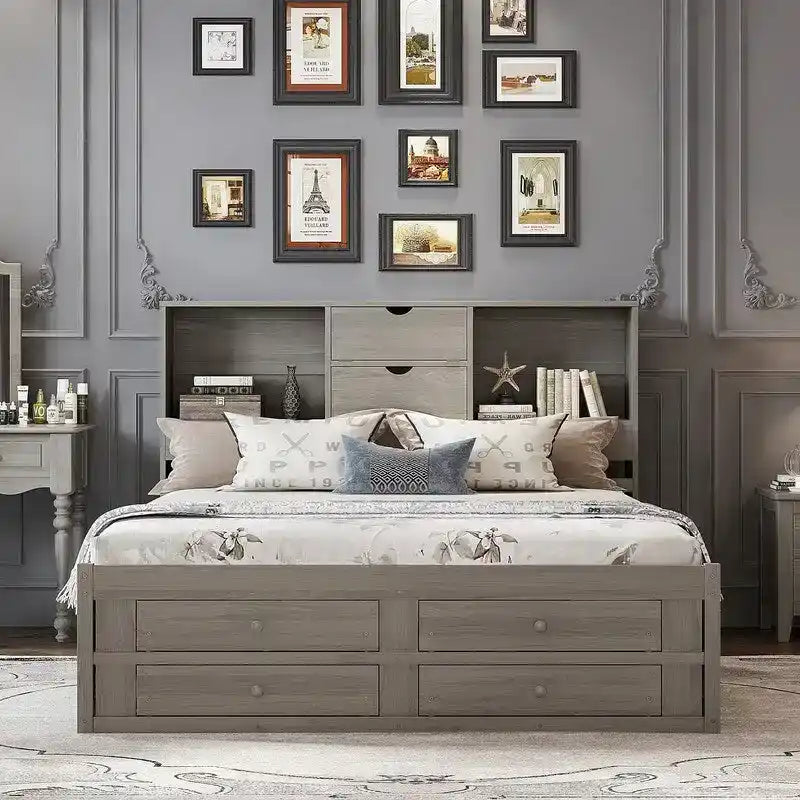Letto a piattaforma King Size con libreria portaoggetti e 8 cassetti