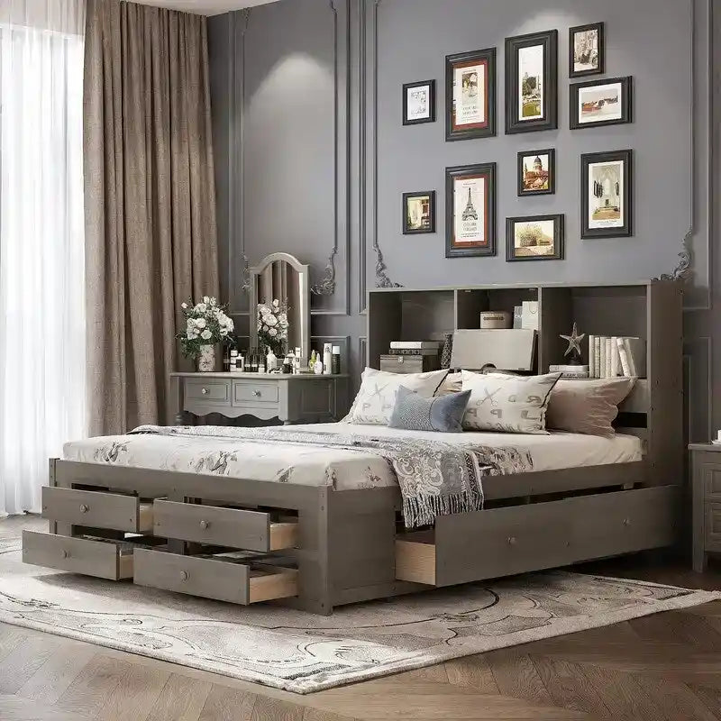 Letto a piattaforma King Size con libreria portaoggetti e 8 cassetti