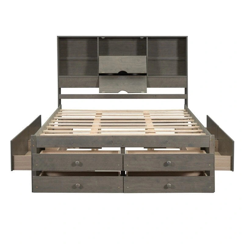 Letto a piattaforma King Size con libreria portaoggetti e 8 cassetti
