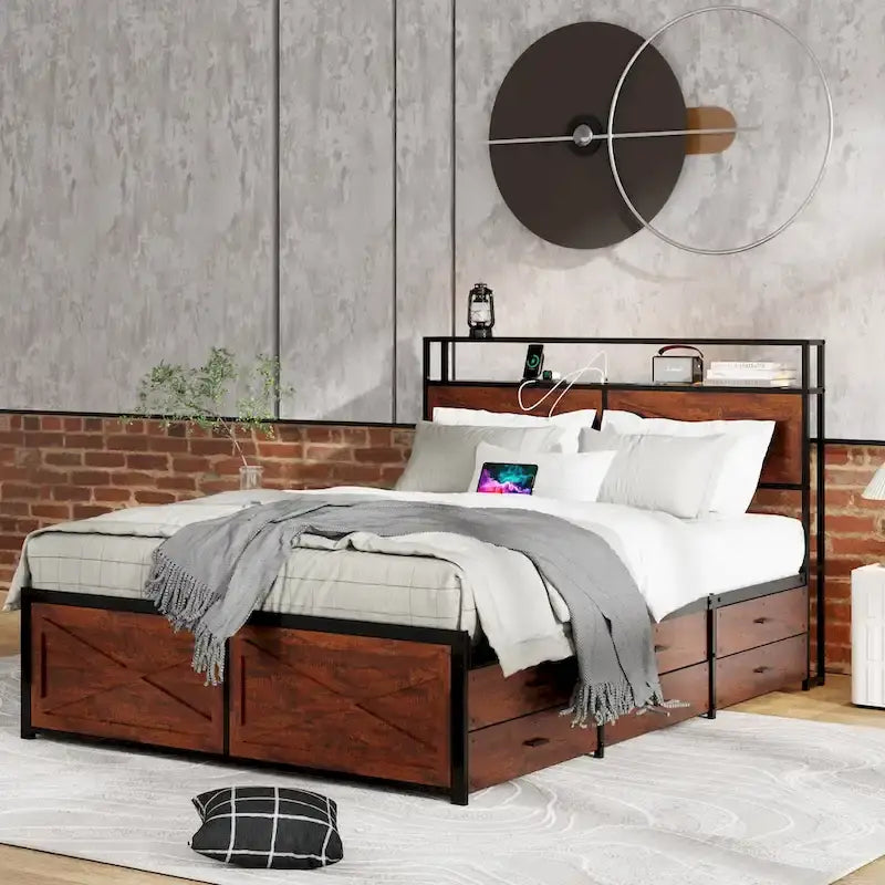 Bed Frame with Storage Headboard and 12 Drawers and LED Lights