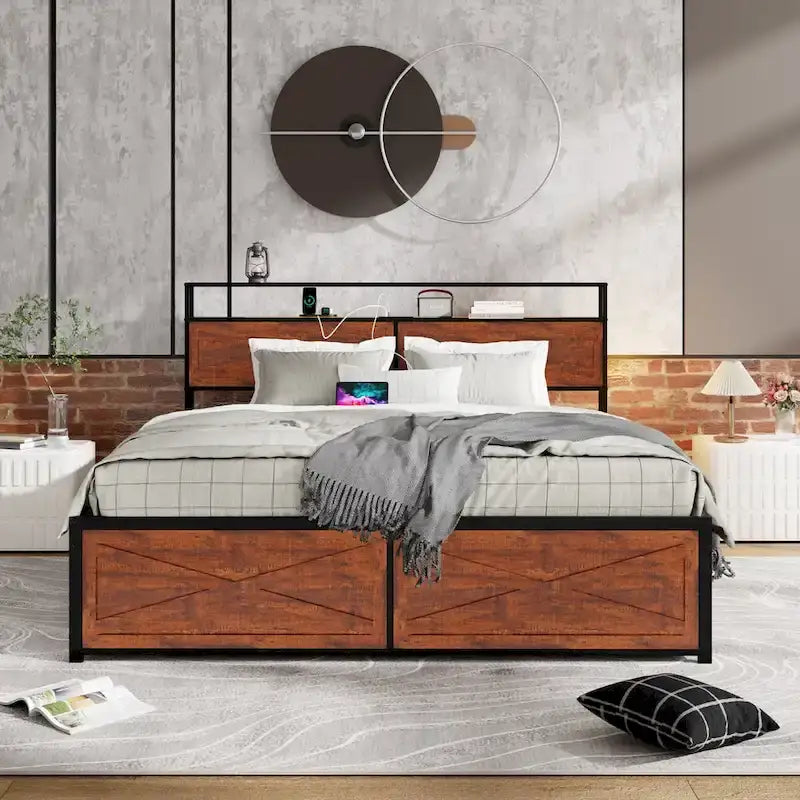 Struttura letto con testiera contenitore, 12 cassetti e luci LED