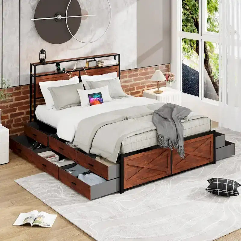 Struttura letto con testiera contenitore, 12 cassetti e luci LED