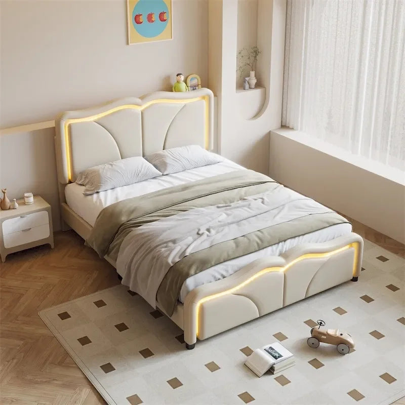 Letto Imbottito a Piattaforma Full Size con LED e Testiera Regolabile