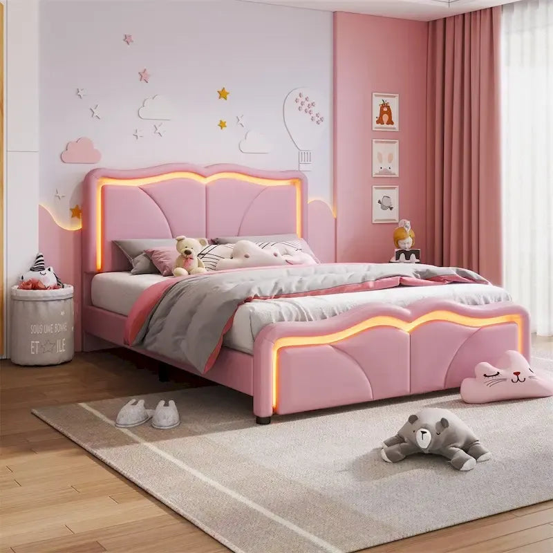 Full Size LED Upholstered Platform Bed with Adjustable Headboard