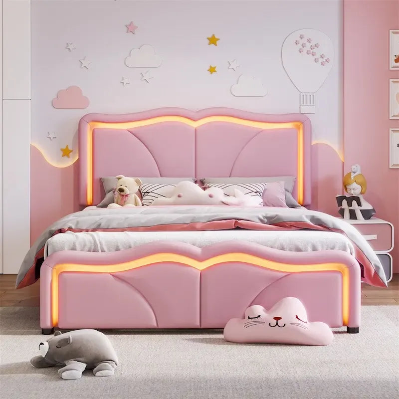 Full Size LED Upholstered Platform Bed with Adjustable Headboard