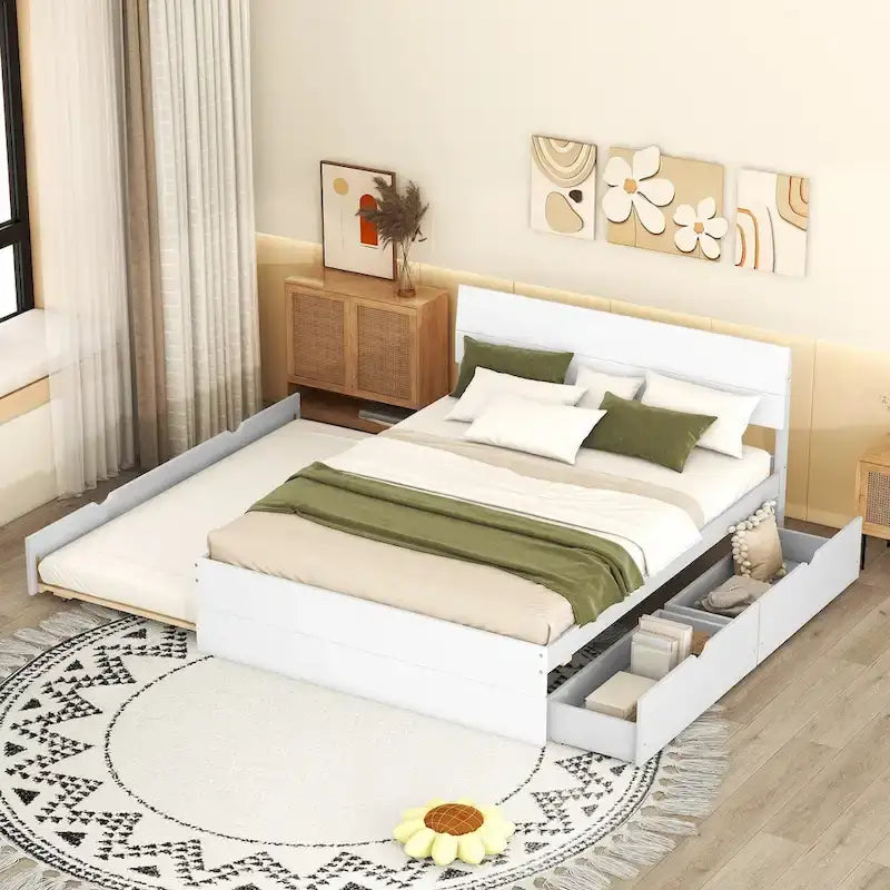 Full Bed Frame With Twin Size Trundle And 2 Drawers